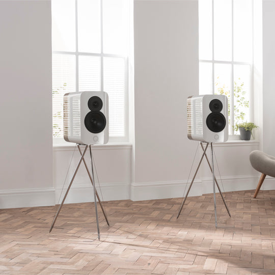Q Acoustics Concept 300 White / Light Oak on stands lifestyle